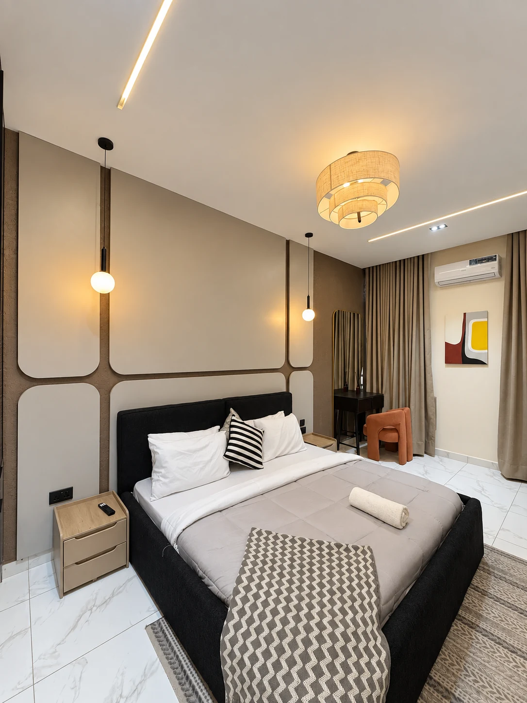 Veyra — bedroom with upholstered bed and warm lighting, view 198