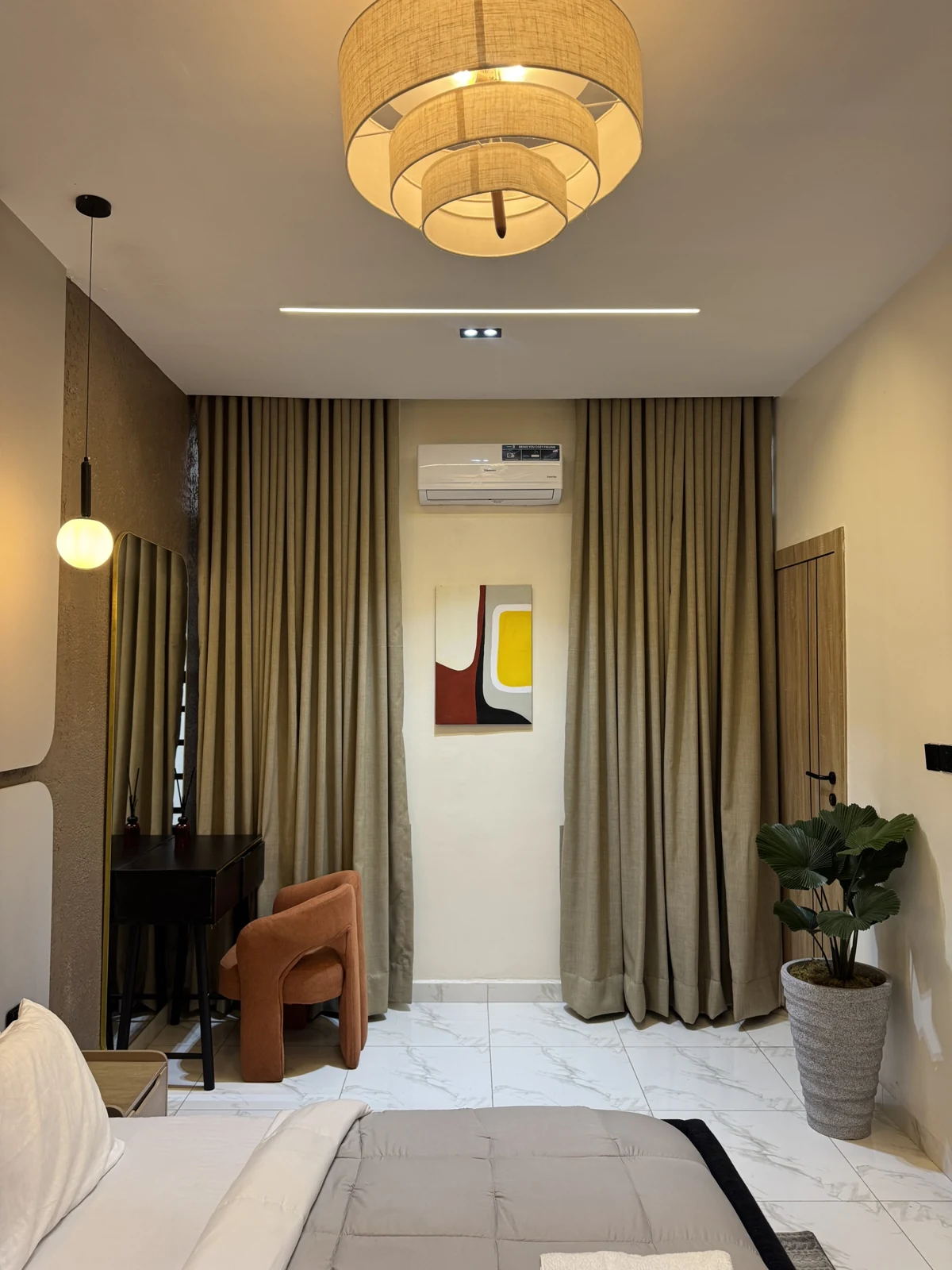 Veyra — bedroom with upholstered bed and warm lighting, view 199